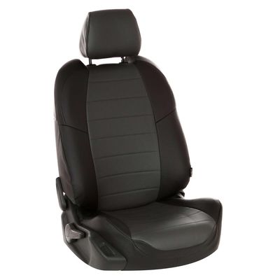 Авточехлы для RENAULT SANDERO II 2014- с подушками безопасности, экокожа, чёрный/тёмно-серый