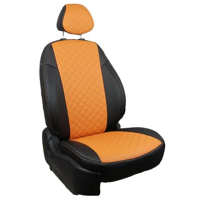 Авточехлы для SKODA OCTAVIA A7 2013- HATCHBACK, WAGON пердние кресла Sport, экокожа, вставка ромб, чёрный/оранжевый