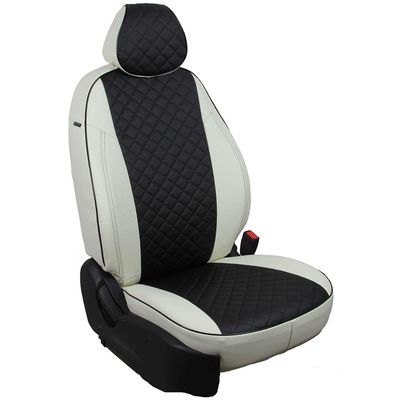 Авточехлы для MITSUBISHI LANCER X 10 2012- задняя спинка без надкрыльников, экокожа, вставка ромб, белый/чёрный