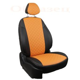 Чехлы на сиденья из экокожи для HYUNDAI SOLARIS I 2010-2017 СЕДАН 40/60, задняя спинка раздельная, вставка ромб, чёрный/оранжевый