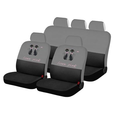 Чехлы на сиденья трикотаж «LOVE PINK CATS», чёрный/декоративная вышивка, универсальные, 10481