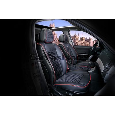 Накидки на сиденья автомобиля MADRID передние, экокожа/велюр, чёрный, чёрный, красный, красный