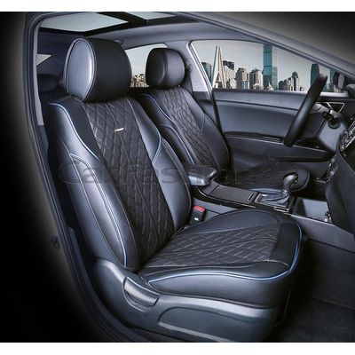 Каркасные накидки 3D на сиденья автомобиля BALATON передние, экокожа, синий, чёрный, чёрный