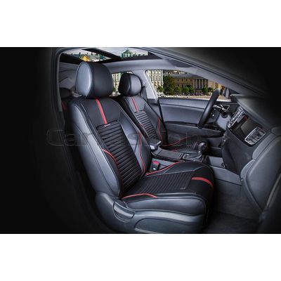 Каркасные накидки 3D на сиденья автомобиля SECTOR LEATHER передние, экокожа, красный, чёрный, чёрный
