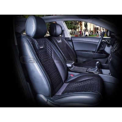 Накидки на сиденья автомобиля TORINO передние, капрон/экокожа, чёрный, чёрный, тёмно-серый Накидки на сиденья автомобиля TORINO передние, капрон/экокожа, чёрный, чёрный, тёмно-серый