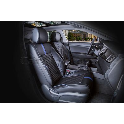 Каркасные накидки 3D на сиденья автомобиля SECTOR LEATHER передние, экокожа, синий, чёрный, чёрный